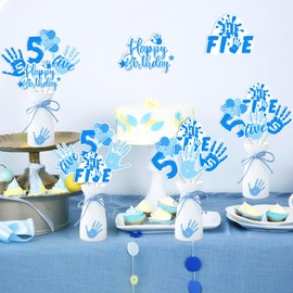 Funmemoir High Five Birthday Party Decorations Boy - 24PCS Hi Five Centerpiece Sticks, Blue 5th Birthday Decorations, Hand Print Hi Five Table Centerpieces for 5 Year Old Birthday Party