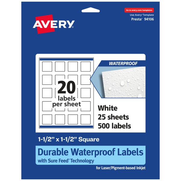 Avery Durable Waterproof Square Labels with Sure Feed, 1.5" x