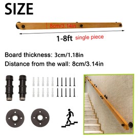 Wooden Stair Handrails, Safety and Non-Slip, Single Piece armrest with Black Brackets, Industrial Style Wall-Mounted Handrails, Suitable for The Elderly and Children Attic Balcony Corridors (5FT)