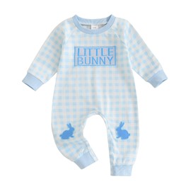 Geagodelia Little Bunny Easter Newborn Infant Outfits Long Sleeve Tartan Romper Jumpsuit Baby Grow Clothes Spring Fall Sleepsuit (Blue, 0-3 Months)