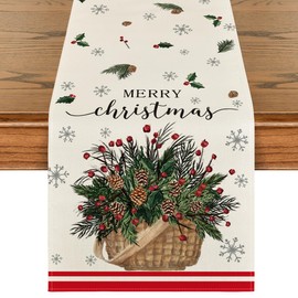 Artoid Mode Holly Xmas Pine Basket Snowflake Merry Christmas Table Runner, Seasonal Winter Kitchen Dining Table Decoration for Home Party Decor 13x90 Inch