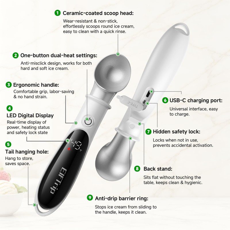 Rechargeable Heated Ice Cream Scoop with LED Display, Safety On/Off