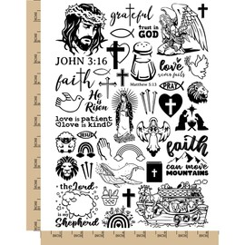 Christian Catholic Religion Temporary Tattoo Water Resistant Fake Body Art Set Collection - Black (One Sheet)
