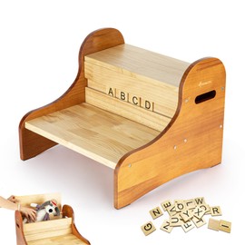 StrongTek 2-Step Kids Stool with Storage & DIY Name Blocks – Natural Pine Wood Toddler Step Stool with Non-Slip Pads, Smooth Finish, Easy Assembly, Perfect for Bathroom, Kitchen & Bedroom