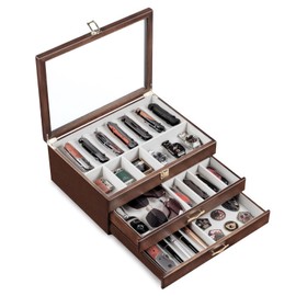 Emfogo Pocket Knife Display Case for Collection of 30-36 Folding Knives, Pocket Case with Real Glass Window Top, Three-Tier Knife Organizer Storage Box, Men's Gift (Walnut)