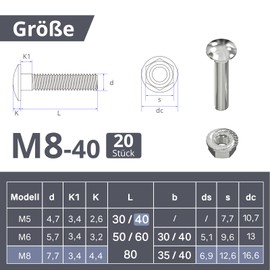 ORTAVA Carriage Bolts M8 x 40 Galvanised DIN 603 (Pack of 20), with Hex Flange Nut, Made of Carbon Steel, Round-Head Screws
