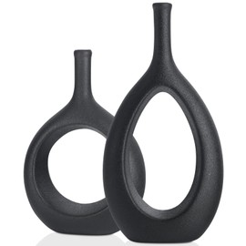 Black Ceramic Hollow Elliptical Vase Set of 2 - Boho Circle Vase with Hole, for Modern Black Table Decor, Living Room Decor Shelf mid Century Modern Home Entrance Decorative vase