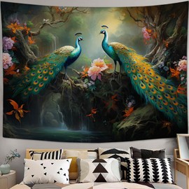 Peacock Tapestry Large Floral Peacocks Tapestry Wall Hanging for Bedroom Flower Bird Tapestries Wall Decor for Home Office Dorm Living Room 60"x90"