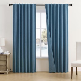 DUALIFE 100% Blackout Linen Blue Curtains for Bedroom 84 Inches Long,Back Tab/Rod Pocket Living Room Drapes,Thermal Insulated Textured Black Out Curtains 2 Panels Set,50" W x 84" L,Classic Blue