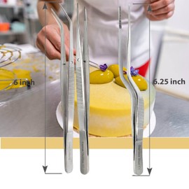 A2Z Culinary Stainless Steel Tweezers, 6-inch Set of 3 Straight & Angled Chef's Precision Tongs for Plating, Decorating, Food Design, Bar and Multi-Purpose Cooking Food Presentation Design styling Use