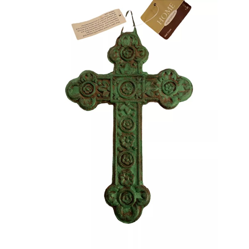 Cast Metal Wall Cross Ornate Rustic With Green Finish 10”