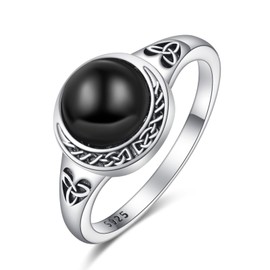 KINGWHYTE Celtic Knot Rings for Women 925 Sterling Silver Black Onyx Ring Irish Trinity Knot Rings Christmas Valentine's Wedding Jewellery Gifts for Wife Girlfriend