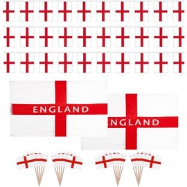 St Georges 2 x England Text Printed Flags 5ft x 3ft + 2 x 10m Bunting & 50 Cocktail Sticks For Euro's 2024 England Football Party Decorations
