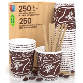 250 Paper Coffee Glasses 65ml Eco Friendly Biodegradable and Disposable Cups Small Asporto Warm Drinks + 250 Birch Balls