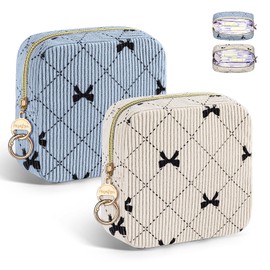Pack of 2 Tampon Storage, Sanitary Pads Storage, Menstruation Period, Mini Bag with Zip, Small Sanitary Napkin Storage Bag for Nursing Pads, Gifts for Girls (Blue & Beige Bow Tie)