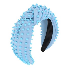 YISSION 1 PC Pearl Knotted Headband Beaded Headband Wide Pearl Headbands for women Non Slip Jeweled Embellished Hairband Light Blue Head Band Hair Accessories for Women Girls