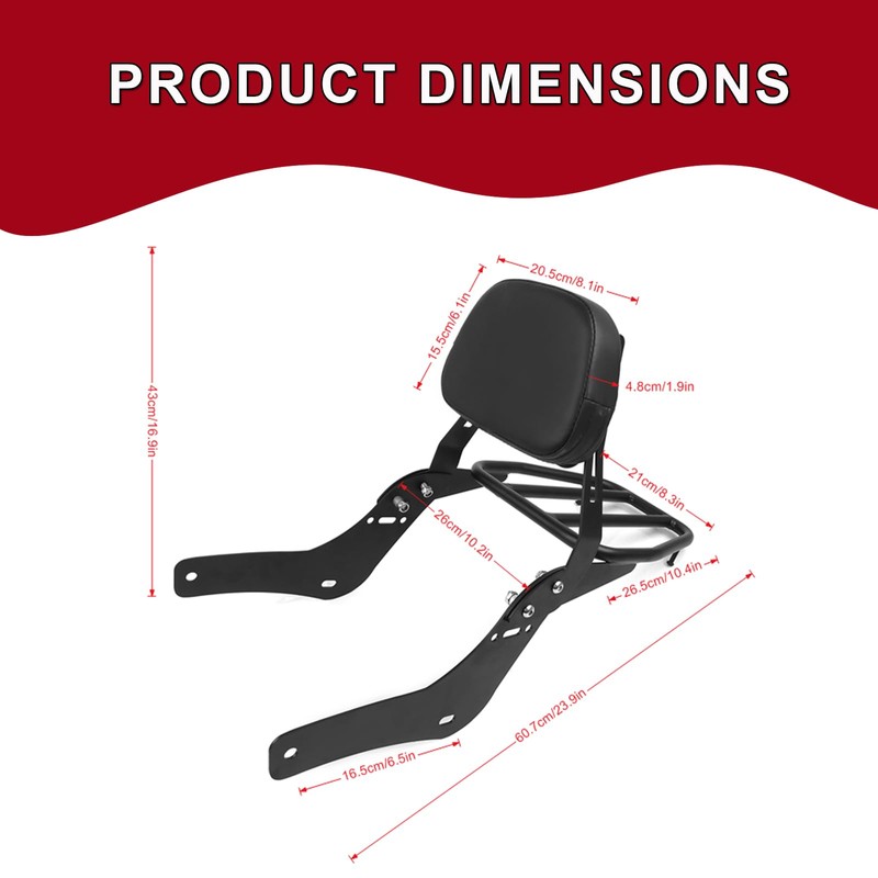 Worldmotop Motorcycle Sissy Bar Backrest Rear Passenger Seat for Honda