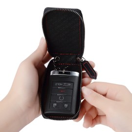 VISOUL Smart Key Case, Genuine Leather, Italian Leather, Cover Type, Key Chain, Cowhide Leather, Men's, Car Key Cover (A Leather, Top and Bottom Opening, Red Line)