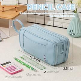NOL - Estuche para lápices de gran capacidad orgánico natural con cierre, 3 compartimentos, organizador de papelería, bolsa multifuncional para lápices para escuela, niña, niño, adultos, azul claro