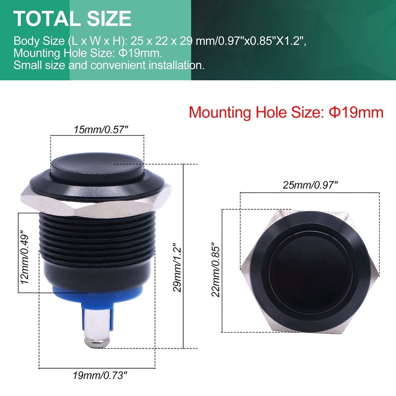 Twidec/19mm Waterproof Black Metal Shell Momentary Raised Top Push Button