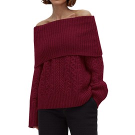 MASCOMODA Womens Sweaters Off The Shoulder Long Sleeve Cable Knit Sweater Loose Chunky Pullover Dressy Work Tops Fall Fashion(Burgundy,Large)