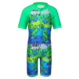 TFJH E One Piece Boys Short Sleeve Swimwear UV 50+ Swimsuits Kids Bathing Suits Green Dinosaur Short 140/146