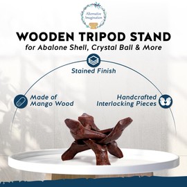 Alternative Imagination Wooden Tripod Display Stand – 4-Inch Hand Carved Holder Made from Sustainable Mango Wood – Folding Reddish-Brown Stand for Abalone Shell, Crystal Ball, Key Bowl, Trinket Dish, Incense, Decor and More