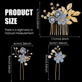 5Pcs Bridal Flower Wedding Hair Pins, Gold Leaf Crystal Pearl Hair Pins Clips Classy Blue Flower Bridal Wedding Side Combs +Floral Pins+Twist Spiral Pearl Pin Vintage Accessories for Brides Bridesmaid