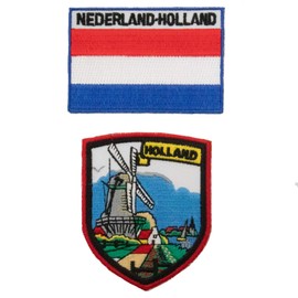 A-ONE 2 PCS Pack- The Netherlands Windmill Embroidery Patch + The Netherlands Flag Patch, Applique Shield Patch