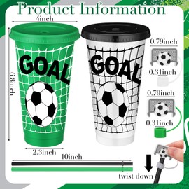 Domensi 12 Pcs Soccer Plastic Tumbler with Lid and Straw 24oz Reusable Plastic Cups with Straw Cover Caps Gifts for Fan Friend Guest Birthday Office Sport Party Supplies (Black White & Green Soccer)