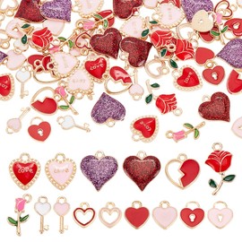 PH PandaHall 90pcs Enamel Heart Pendants, 15 Styles Rose Flower Charms Keys and Locks Pendants Sweet Heart Charms Jewelry Making Pendants for Necklace Earrings Bracelet Keychain DIY Crafts