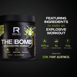 Reflex Nutrition Pre Workout The Muscle Bomb 350mg Caffeine 9g Citrulline Malate 2.5g Beta Alanine Added Hydration Electrolytes (Sour Apple, 400g)