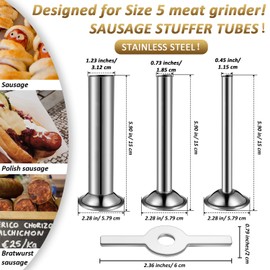 Mudder 4 Pieces Sausage Stuffer Kit 3 Different Sizes Stainless Steel Grinder Tubes with Sausage Stuffer Ring for Size 5 Meat Grinder Food Maker Kit