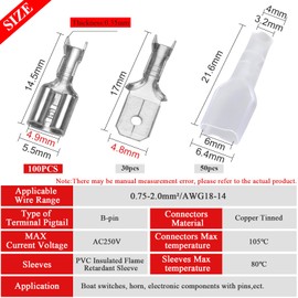 4.8 mm blade receptacles set, 100 x socket spades and 30 x blade plugs and 50 pieces insulating sleeves, brass tinning, highly conductive cable lugs, uninsulated connectors, 4.8 mm, silver