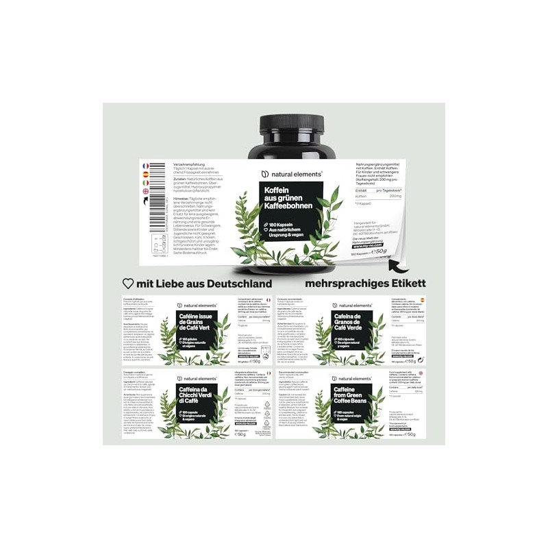 natural elements Caffeine Capsules - 200mg Natural Caffeine / Capsule