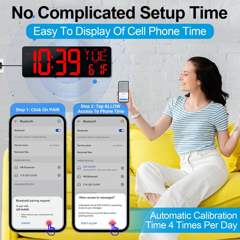 CYMHCHL 17.2" Large Digital Wall Clock Bluetooth Auto Time Sync