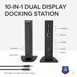Plugable USB 3.0 and USB-C Universal Laptop Docking Station with 2 HDMI Ports for Windows, Mac (Driver Required), and ChromeOS, Gigabit Ethernet, Audio