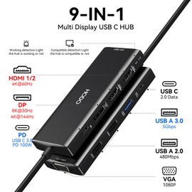 HODO USB C Docking Station Dual Monitor Adapter for Dell HP, Laptop Docking Station 3 Monitors Quad Display USB C Hub Dongle to 2 HDMI 4K,DP 8K, VGA,4 USB,PD, Adapter 9 in 1 Laptop Dongle