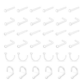 PiercingArt 36Pcs 20g Small Clear Nose Studs Rings Retainers for Surgery Work Bioflex Plastic Flexible L Shape Flat Top Nose Corkscrew Nostril Bone Piercing Spacers Jewelry