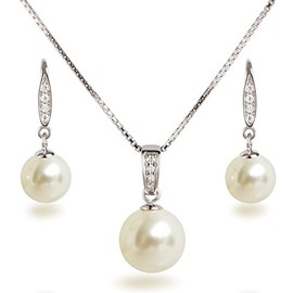 Beautiful Sd, Jewelry Set Pearl Pendant Necklace and Earrings Set with Cubic Zirconia, 925 silver rhodium, Silver