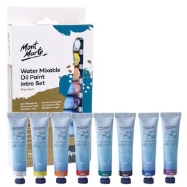 Mont Marte Premium H2O Water Mixable Oil Paint Set, 8 Piece, 18ml Tubes. Mixable with a Range of Mediums. Easily Washes Up with Water.