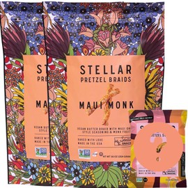 Stellar Snacks Pretzel Braids - Maui Monk Vegan Regular Pretzel & Mini Pretzel Combo, Two 16 Oz Large Maui Monk Regular Pretzel Braid Resealable Bags with Surprise Flavor Mini Pretzel Braid Combo - Vegan, Kosher, Non-GMO, Rods, Twists, Sticks