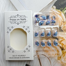 24 Pcs French Tip Press on Nails Short Square Blue Flower Fake Nails with Glitter Designs Spring Summer Floral False Nails Full Cover Stick on Nails Reusable Acrylic Nails for Women Girl
