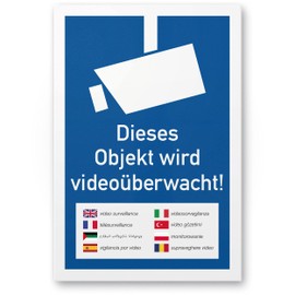 Komma Security Objekt Videoüberwacht Multilingual Sign 20 x 30 cm - Achtung Vorsicht Videoüberwachung - Warning Sign Video Surveillance - Warning Sign Video Surveillance