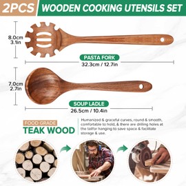 Wooden Spoons for Cooking,2 Pcs Wooden Utensil Set of Soup Ladle &Spaghetti Pasta Spoon with Teeth, Teak Wood Soup Ladle&Slotted Pasta Fork Strainer Spoon Set for Serving Collecting Noodle Gravy Sauce