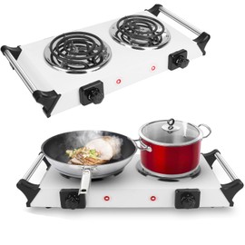 Electric Hot Plate, 2000W Countertop Double Burner with Adjustable Temperature & Handles, Stainless Steel Coil Electric Stove for Cooking Cooktop for Home Kitchen Dorm RV Camp, White