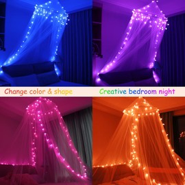 Oycbuzo White Bed Canopy for Girls, 100LED Canopy Bed Curtains with 24 Colors Changing Lights, Hanging Princess Bed Netting for Women Gifts Girls Bedroom Decor, Single to King Size Beds