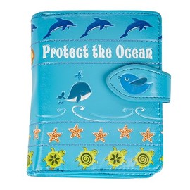 Shag Wear Women's PU Vegan Leather Colorful Slim Trendy Small Bifold Wallet with 4 Credit Card Slots, 1 Zippered Coin Pocket, and Clear ID Window (Protect The Ocean, Blue)