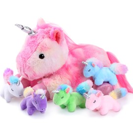 6 Pieces Unicorn Plush Toy Set 1 Large Unicorn Stuffed Animals 5 Colorful Mini Plush Unicorn Toys for Baby Toddler Kids Ages 3 4 5 6 7 8 Years Stocking Stuffers Keychain (Pink, Stylish Style)