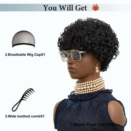 Short Curly Wigs For Black Women Natural Black Afro Kinky Curly Wig Brazilian Virgin Pixie Cut Wig Afro Wigs 70's 80s For Women (Natural black)